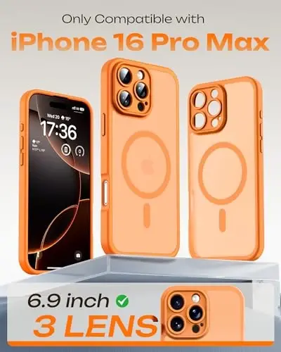 iPhone 16 Pro Max 6.9 inç için TOCOL Telefon 16 Pro Max Kılıfı, Magsafe Şarj Cihazı ile Uyumlu, Tam Kamera Koruması, Düşme Koruması, Yarı Saydam Mat Telefon Kılıfı (Turuncu) - 2