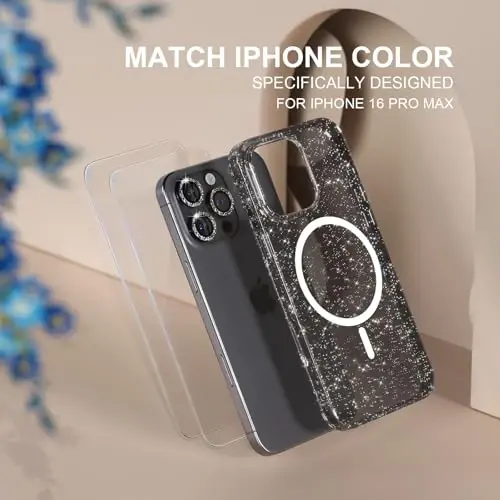 iPhone 16 Pro Max Case Magnetic uchun Choiche, Ayollar uchun Shaffof Yaltiroq Bling Case, [3x Diamond Kamera Lens Himoyachilari] [2x Temperlangan Shisha Ekran Himoyachilari] [MagSafe bilan mos keladi] 6.9