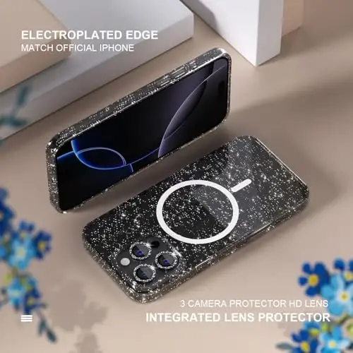 iPhone 16 Pro Max Case Magnetic uchun Choiche, Ayollar uchun Shaffof Yaltiroq Bling Case, [3x Diamond Kamera Lens Himoyachilari] [2x Temperlangan Shisha Ekran Himoyachilari] [MagSafe bilan mos keladi] 6.9