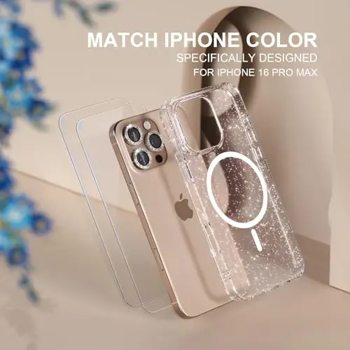 iPhone 16 Pro Max G‘ilof uchun tanlov Magnitli, Ayollar uchun Shaffof Yaltiroq Bling Sparkly G‘ilof, [3x Olmosli Kamera Obektivini Himoya qiluvchi] [2x Temperlangan Shisha Ekran Himoya qiluvchi] [MagSafe Bilan Mos] 6.9