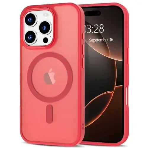 Anuck Case for iPhone 16 Pro Max Case Magnetic Phone Case Compatible with MagSafe, Soft TPU Bumper Hard Translucent Matte Back Slim Fit Shockproof Protective Cover for Men Women Girls - Light Red - 12