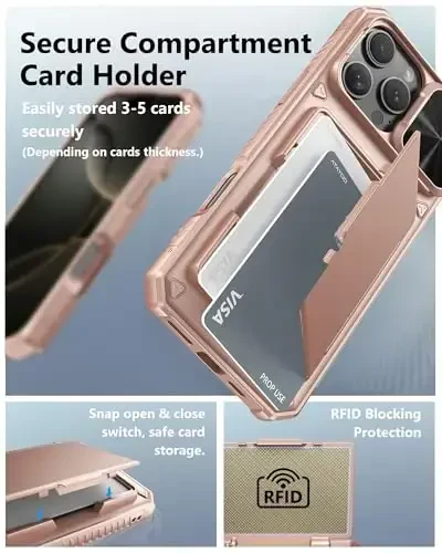 ATATOO for iPhone 16 Pro Max Case Wallet, Built-in Card Holder (Store 3-5 Cards) & Slide Lens Cover, Military Grade Protection, Shockproof Silicone Protective Case for iPhone 16 Pro Max, Rose Gold - 3