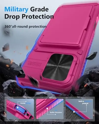 ATATOO for iPhone 16 Pro Max Case, Built-in Card Holder (Store 3-5 Cards) & Slide Camera Protector, Military Grade Protection, Women Cute Silicone Wallet Case for iPhone 16 Pro Max 2024, Hot Pink - 5