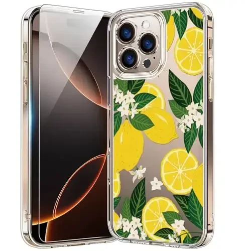 bicol for iPhone 16 Pro Max Case with Screen Protector, Enhanced Camera Protection, Crystal Clear with Fashionable Designs for Girls Women, Slim Fit Protective Phone Cover, Nice Lemons 