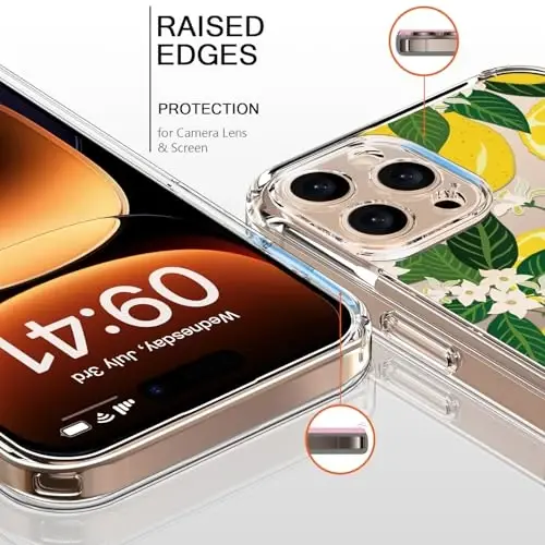 bicol for iPhone 16 Pro Max Case with Screen Protector, Enhanced Camera Protection, Crystal Clear with Fashionable Designs for Girls Women, Slim Fit Protective Phone Cover, Nice Lemons - 2