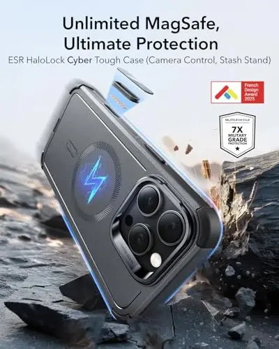 ESR for iPhone 16 Pro Max Case with Stash Stand, Camera Control, 23FT Military-Grade Shock-Absorbing Drop Protection, Compatible with MagSafe Accessories, Magnetic Cyber Series, Grey - ESR
