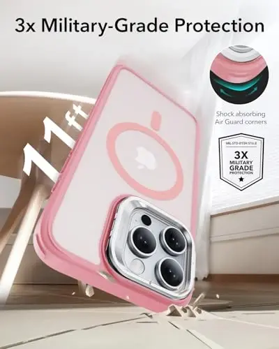 ESR for iPhone 16 Pro Max Case, Compatible with MagSafe, Military-Grade Protective Case, Built-in Stash Stand Phone Case, Scratch-Resistant Back Cover, Classic Series, Frosted Pink - 3