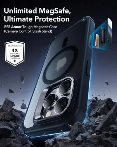ESR for iPhone 16 Pro Max Case with Stand, Camera Control Button Compatible with MagSafe, Full-Body Military-Grade Drop Proof Case with Built-in 9H+ Tempered Glass Screen Protector, Frosted Black - ESR (1)