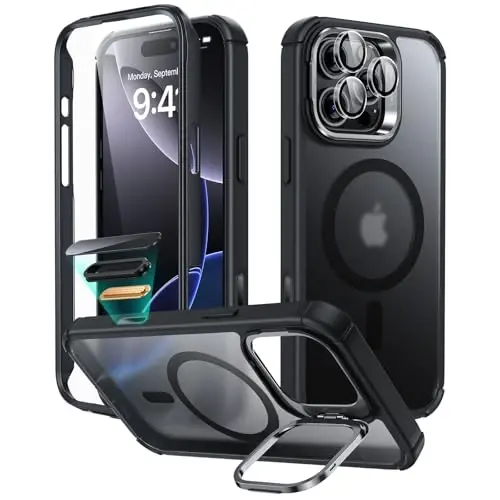 ESR for iPhone 16 Pro Max Case with Stand, Camera Control Button Compatible with MagSafe, Full-Body Military-Grade Drop Proof Case with Built-in 9H+ Tempered Glass Screen Protector, Frosted Black 