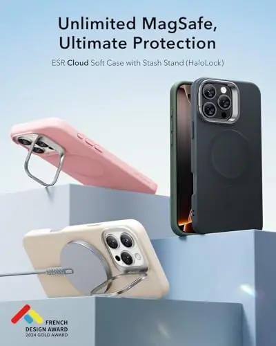 ESR for iPhone 16 Pro Max Case, Silicone Case with Stand,Compatible with MagSafe,Built-in Camera Stash Stand, Magnetic Phone Case for iPhone 16 Pro Max, Cloud Series, Light Tan - 2