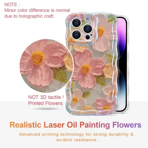 EYZUTAK Case for iPhone 16 Pro Max, Colorful Retro Oil Painting Printed Flower Laser Glossy Pattern Cute Curly Wave Edge Exquisite Phone Cover Stylish Durable TPU Protective Case for Girl Women-Green - 2
