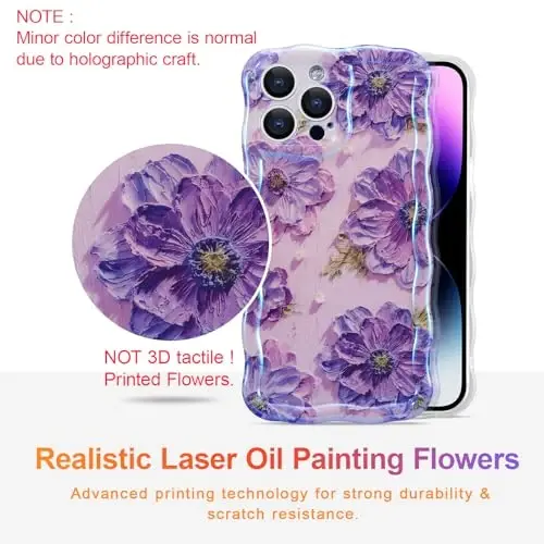 EYZUTAK Case for iPhone 16 Pro Max, Colorful Retro Oil Painting Printed Flower Laser Glossy Pattern Cute Curly Wave Edge Exquisite Phone Cover Stylish Durable TPU Protective Case for Girl Women-Purple - EYZUTAK (1)