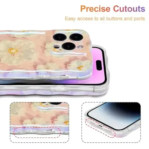 EYZUTAK Case for iPhone 16 Pro Max, Colorful Retro Oil Painting Flower Laser Glossy Pattern Cute Curly Wave Edge Exquisite Phone Cover Stylish Durable TPU Protective Case for Girl Women - Light Pink - 5