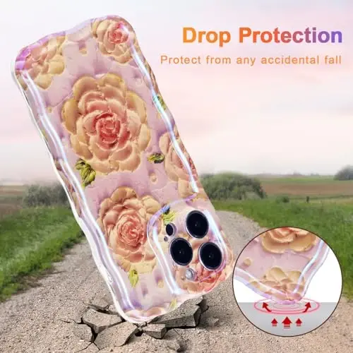 EYZUTAK Case for iPhone 16 Pro Max, Colorful Retro Oil Painting Flower Laser Glossy Pattern Cute Curly Wave Edge Exquisite Phone Cover Stylish Durable TPU Protective Case for Girl Women - Pink Peony - 3