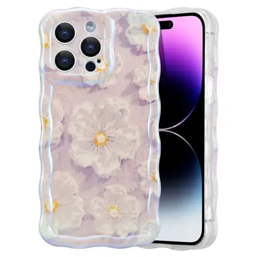 EYZUTAK Case for iPhone 16 Pro Max, Colorful Retro Oil Painting Flower Laser Glossy Pattern Cute Curly Wave Edge Exquisite Phone Cover Stylish Durable TPU Protective Case for Girl Women - Light Purple 