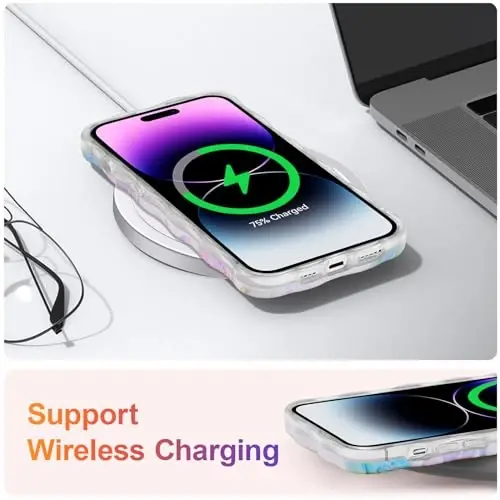 EYZUTAK Case for iPhone 16 Pro Max, Colorful Retro Oil Painting Flower Leaf Laser Glossy Pattern Cute Curly Waves Edge Exquisite Phone Cover Stylish Durable TPU Protective Case for Women - Pink Green - 6