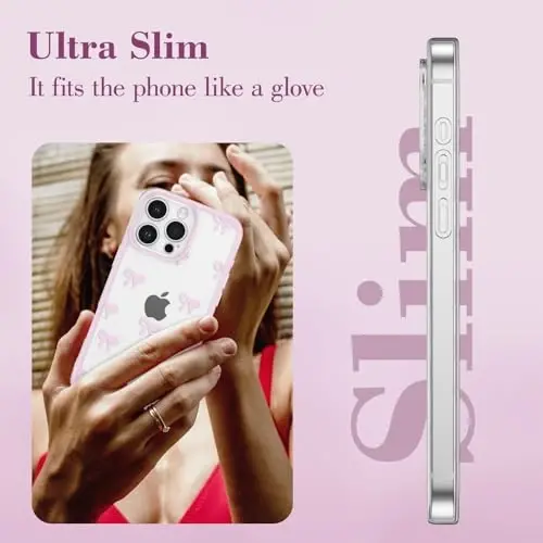 EYZUTAK Case for iPhone 16 Pro Max, Clear Cute Ribbon Bowknot Pattern Aesthetic Transparent Phone Case Raised Camera Protection Stylish Slim Soft Durable TPU Protective Cover for Women Girls - Pink - 10