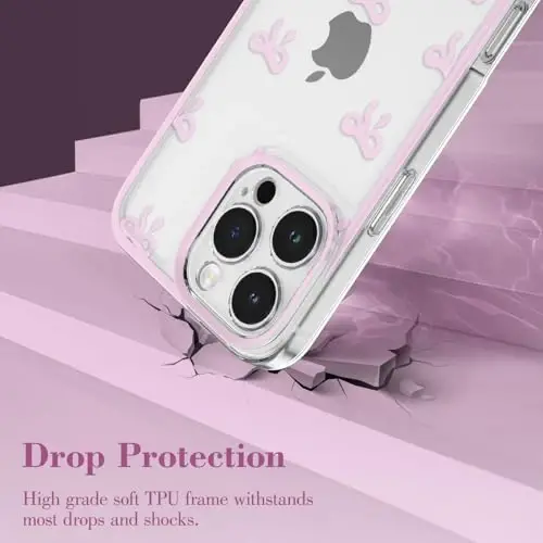 EYZUTAK Case for iPhone 16 Pro Max, Clear Cute Ribbon Bowknot Pattern Aesthetic Transparent Phone Case Raised Camera Protection Stylish Slim Soft Durable TPU Protective Cover for Women Girls - Pink - 3