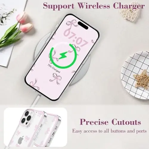 EYZUTAK Case for iPhone 16 Pro Max, Clear Cute Ribbon Bowknot Pattern Aesthetic Transparent Phone Case Raised Camera Protection Stylish Slim Soft Durable TPU Protective Cover for Women Girls - Pink - 7