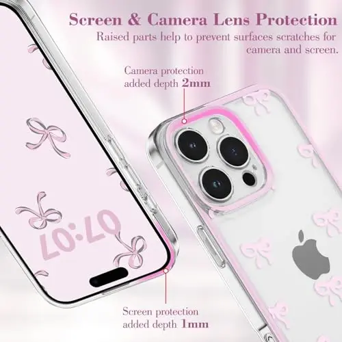 EYZUTAK Case for iPhone 16 Pro Max, Clear Cute Ribbon Bowknot Pattern Aesthetic Transparent Phone Case Raised Camera Protection Stylish Slim Soft Durable TPU Protective Cover for Women Girls - Pink - 11