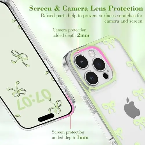 EYZUTAK Case for iPhone 16 Pro Max, Clear Cute Ribbon Bowknot Pattern Aesthetic Transparent Phone Case Raised Camera Protection Stylish Slim Soft Durable TPU Protective Cover for Women Girls - Green - 9