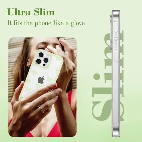 EYZUTAK Case for iPhone 16 Pro Max, Clear Cute Ribbon Bowknot Pattern Aesthetic Transparent Phone Case Raised Camera Protection Stylish Slim Soft Durable TPU Protective Cover for Women Girls - Green - 10