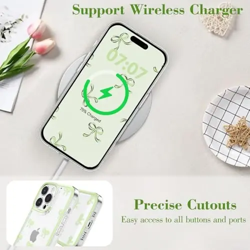 EYZUTAK Case for iPhone 16 Pro Max, Clear Cute Ribbon Bowknot Pattern Aesthetic Transparent Phone Case Raised Camera Protection Stylish Slim Soft Durable TPU Protective Cover for Women Girls - Green - 7