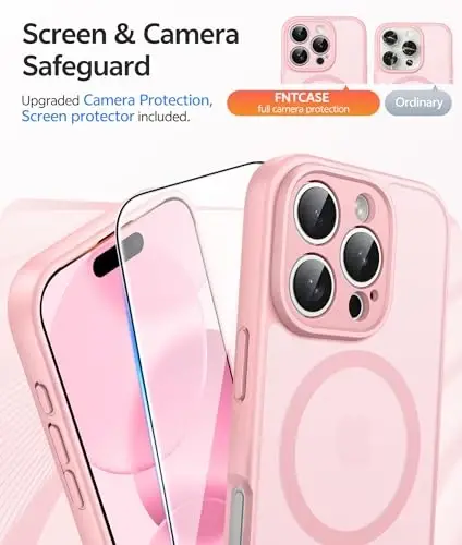 FNTCASE for iPhone 16 Pro Max Case: [Compatible with Magsafe] Translucent Matte Cases with [Full Camera Protection] [Screen Protector] Military Grade Shockproof Protective Phone Cover - Light Pink - 4