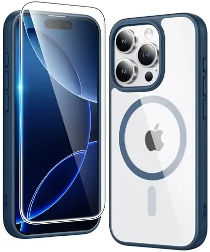 FNTCASE for iPhone 16 Pro-Max Case: Clear Magnetic Phone Cases with Screen Protector Compatible with Magsafe Slim Anti Yellowing Rugged Shockproof Protective Transparent Cell Phone Cover (B-Blue) 