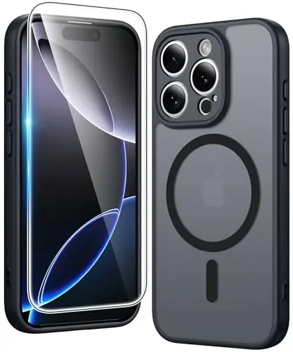 FNTCASE for iPhone 16 Pro-Max Case: Matte Magnetic Phone Cases with Screen Protector Compatible with Magsafe Slim Anti Yellowing Rugged Shockproof Protective Translucent Cell Cover (C-Black) 
