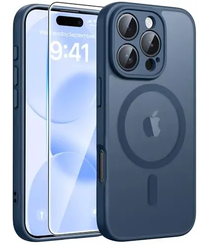 FNTCASE for iPhone 16 Pro Max Case, Fit for Magsafe, Glass Screen Protector | Full Camera Protection, Translucent Matte, 14FT Military Grade Drop Proof, Shockproof Protective Phone Cover, Blue - 1
