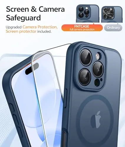 FNTCASE for iPhone 16 Pro Max Case, Fit for Magsafe, Glass Screen Protector | Full Camera Protection, Translucent Matte, 14FT Military Grade Drop Proof, Shockproof Protective Phone Cover, Blue - 4