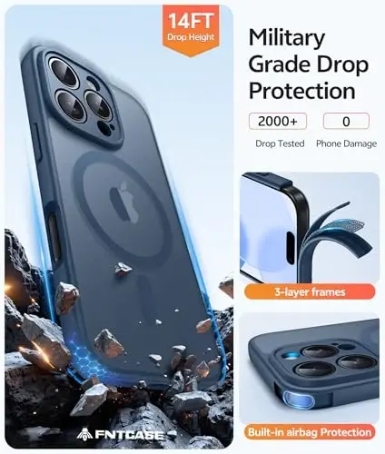 FNTCASE for iPhone 16 Pro Max Case, Fit for Magsafe, Glass Screen Protector | Full Camera Protection, Translucent Matte, 14FT Military Grade Drop Proof, Shockproof Protective Phone Cover, Blue - 5