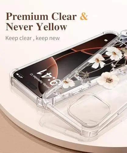 iPhone 16 Pro Max için GVIEWIN Çiçekli Kılıf, Ekran Koruyucu ve Kamera Lens Koruyuculu, [Sararma Yapmaz] İnce Darbe Emici Şeffaf Kadın Telefon Kılıfı, Çiçek Desenli Tasarım 6.9