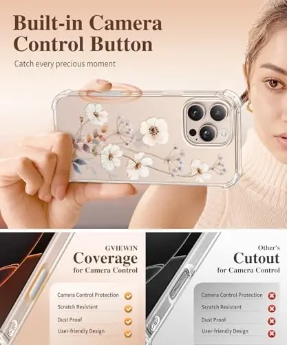 iPhone 16 Pro Max için GVIEWIN Çiçekli Kılıf, Ekran Koruyucu ve Kamera Lens Koruyuculu, [Sararma Yapmaz] İnce Darbe Emici Şeffaf Kadın Telefon Kılıfı, Çiçek Desenli Tasarım 6.9