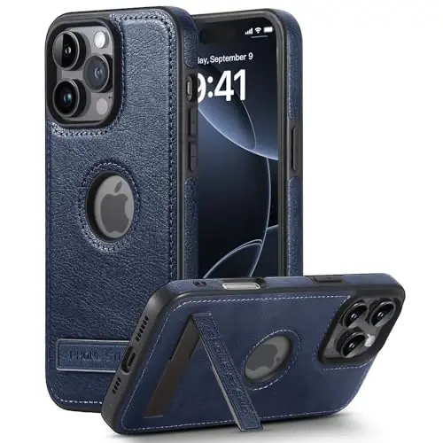 KSELF Leather Case for iPhone 16 Pro Max Case, Protective Slim with Kickstand Shockproof Phone Cases, Built-in Invisible Stand Compatible with iPhone 16 Pro Max 6.9'', Blue - 1