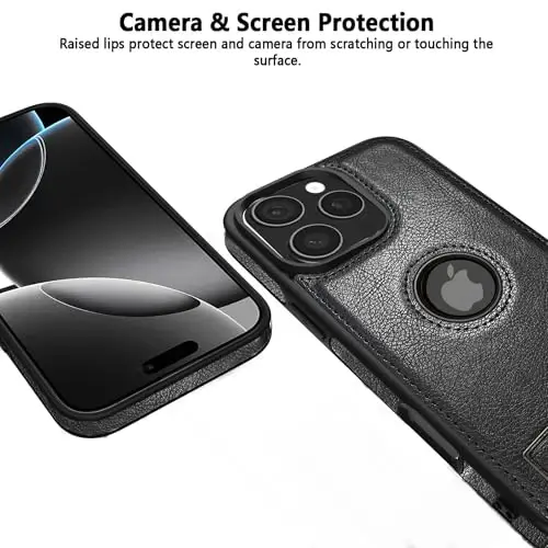 KSELF Leather Case for iPhone 16 Pro Max Case, Protective Slim with Kickstand Shockproof Phone Cases, Built-in Invisible Stand Compatible with iPhone 16 Pro Max 6.9'', Black - 4