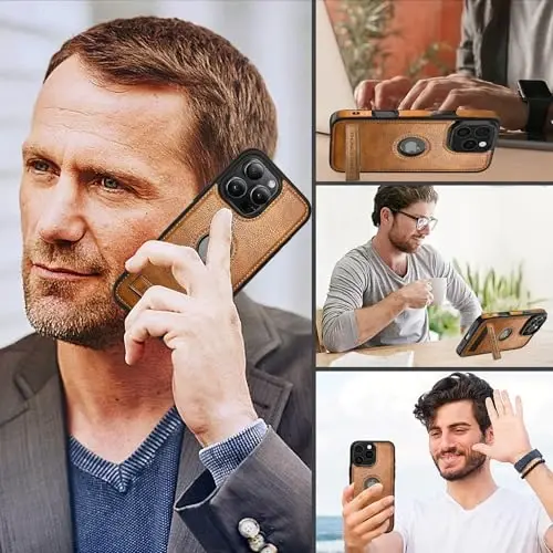KSELF Leather Case for iPhone 16 Pro Max Case, Protective Slim with Kickstand Shockproof Phone Cases, Built-in Invisible Stand Compatible with iPhone 16 Pro Max 6.9'', Brown - 6