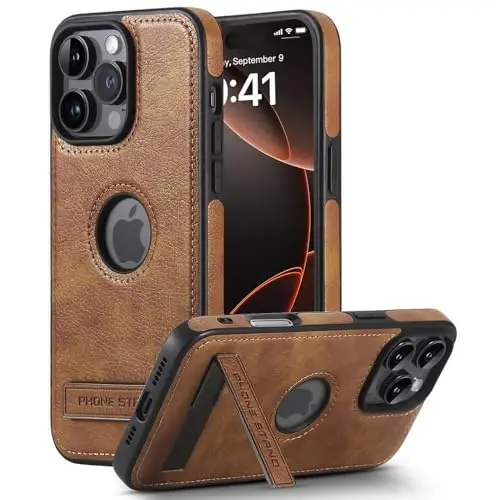 KSELF Leather Case for iPhone 16 Pro Max Case, Protective Slim with Kickstand Shockproof Phone Cases, Built-in Invisible Stand Compatible with iPhone 16 Pro Max 6.9'', Brown - 1
