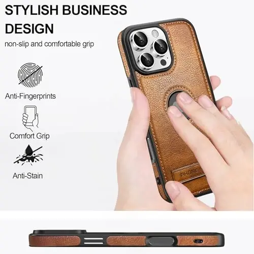 KSELF Leather Case for iPhone 16 Pro Max Case, Protective Slim with Kickstand Shockproof Phone Cases, Built-in Invisible Stand Compatible with iPhone 16 Pro Max 6.9'', Brown - 3