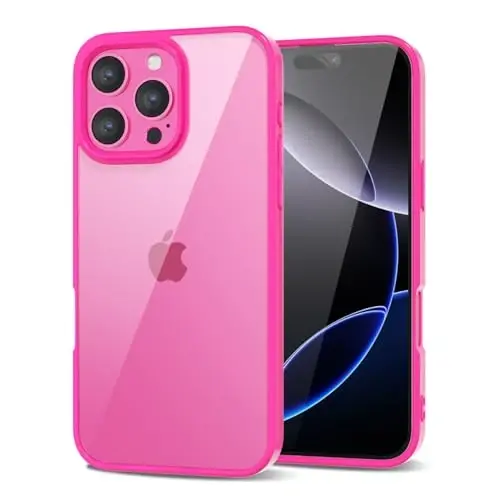 LoeoeL for iPhone 16 Pro Max Case Clear, Transparent Hybrid 16 Pro Max Phone Case [Hard Plastic & Soft Silicone Bumper] Acrylic Non Yellowing Thin Slim Protective Cover for Women, Neon Hot Pink - LOEOEL