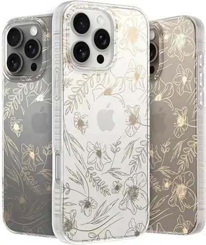 LONLI Hue Case for iPhone 16 Pro Max - [360° Shock-Absorbent Bumper] - [Cute and Unique Phone Cover for Girls and Women] - Gold Floral - LONLI
