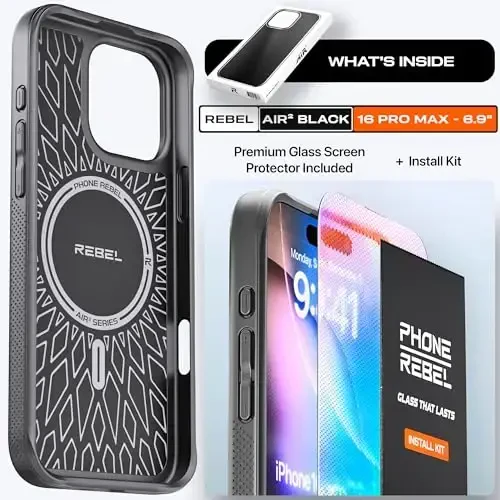 REBEL Air Case for iPhone 16 Pro Max [Air² Series] Strong MagSafe Compatible, Grippy Sides, Slim & Lightweight TPU Cover, Protective Corners, Raised Lens Ring, 6.9 Inch Phone 2024 (Black) - 6