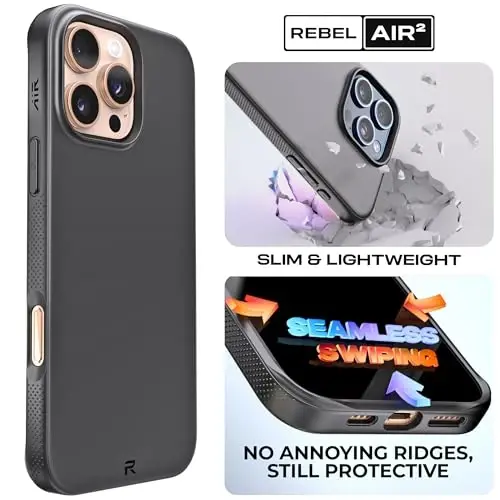 REBEL Air Case for iPhone 16 Pro Max [Air² Series] Strong MagSafe Compatible, Grippy Sides, Slim & Lightweight TPU Cover, Protective Corners, Raised Lens Ring, 6.9 Inch Phone 2024 (Black) - 2