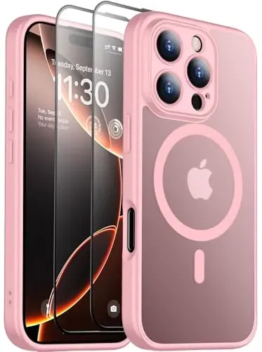 SPIDERCASE Magnetic for iPhone 16 Pro Max Case, with 2 Pcs [Tempered Glass Screen Protector] Translucent Matte Back Slim Shockproof Protective Phone Case for iPhone 16 Pro Max 6.9'',Pink 