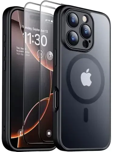 SPIDERCASE Magnetic for iPhone 16 Pro Max Case, Translucent Matte [2Pcs Tempered Glass Screen Protector] Cell Phone Home Button Stickers Phone Case,Black - 1