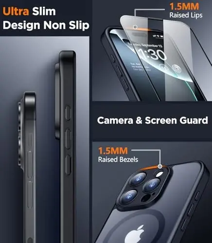 SPIDERCASE Magnetic for iPhone 16 Pro Max Case, Translucent Matte [2Pcs Tempered Glass Screen Protector] Cell Phone Home Button Stickers Phone Case,Black - 3