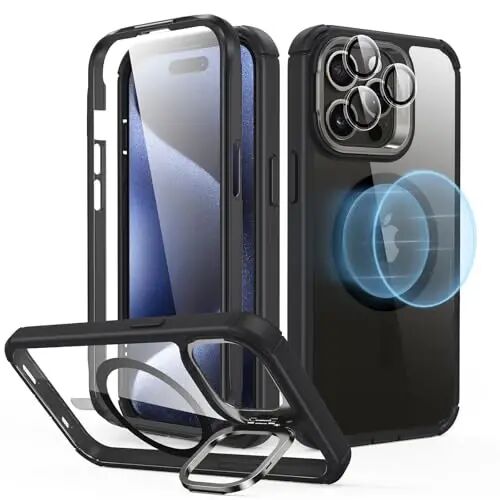 ESR for iPhone 16 Pro Max Case with Stand, Camera Control Button Compatible with MagSafe, Full-Body Military-Grade Drop Proof Case with Built-in 9H+ Tempered Glass Screen Protector, Clear Black 