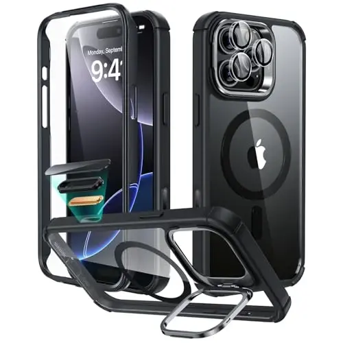ESR for iPhone 16 Pro Max Case with Stand, Camera Control Button Compatible with MagSafe, Full-Body Military-Grade Drop Proof Case with Built-in 9H+ Tempered Glass Screen Protector, Clear Black - 1
