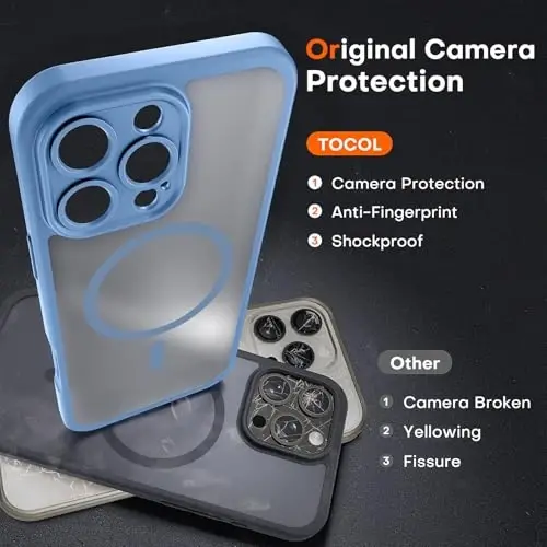TOCOL for Phone 16 Pro Max Case, Compatible with Magsafe Charger, Full Camera Protection, Drop Protection, Translucent Matte Phone Case for iPhone 16 Pro Max 6.9 inch (Light Blue) - 5